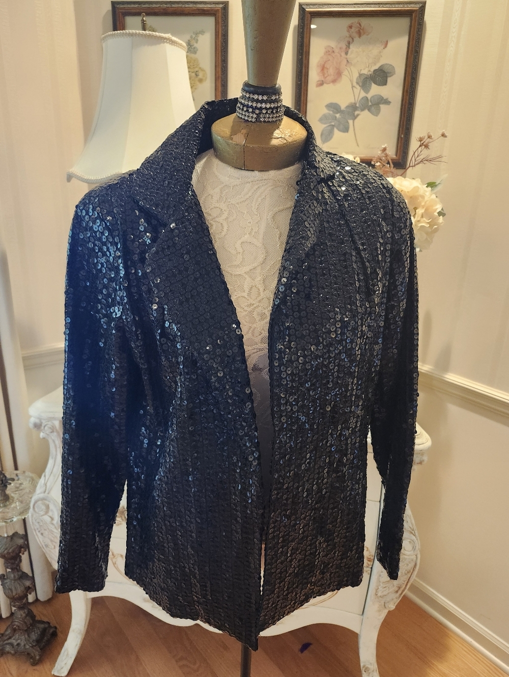 Vintage Neiman Marcus Devil Wears Prada Style Jet Black Sequin Evening Jacket M